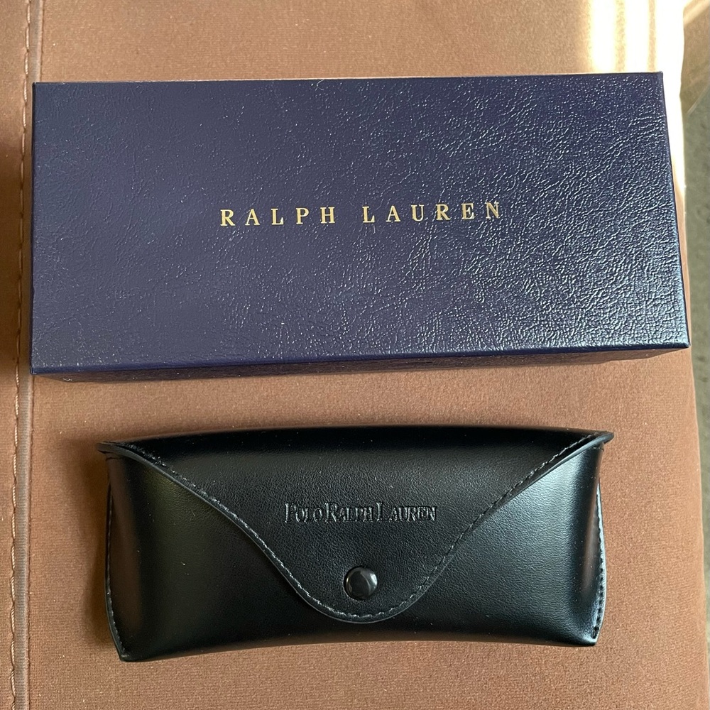 Matte Black Ralph Lauren Button Eyeglass/ Sunglass Holder, Box & Lens cleaner.